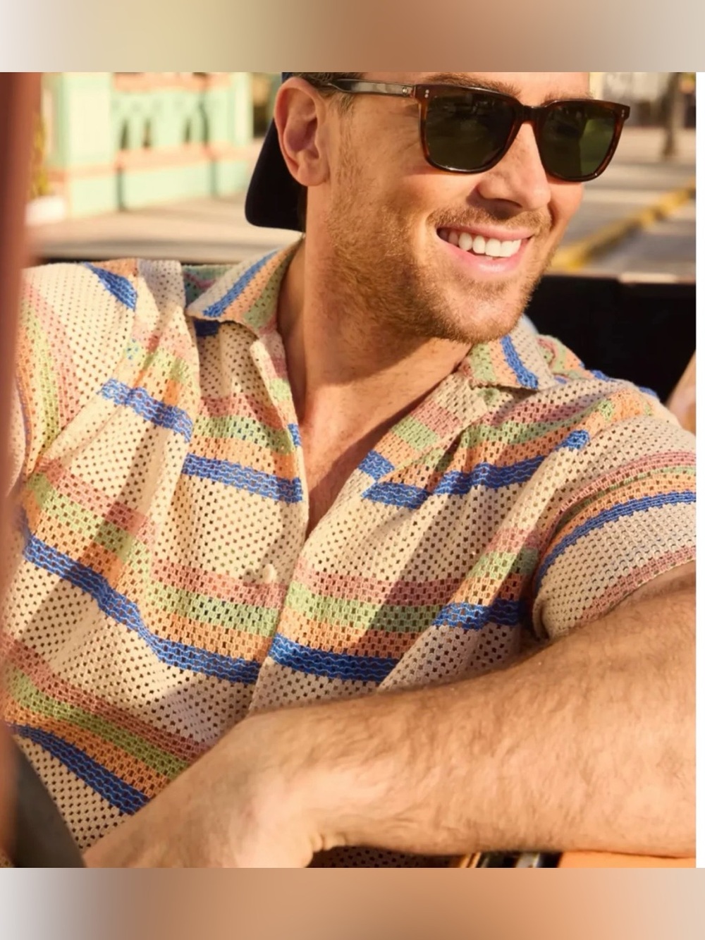 Chubbies The Thread Head Crochet Sunday Shirt in Khaki Stripe Men’s Size Large